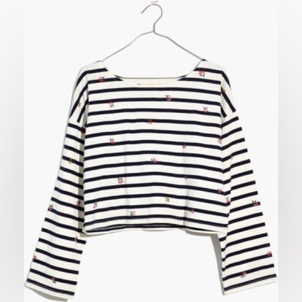 Madewell NWT Floral Embroidered Long Sleeve Crop Top Size XL Nautical Striped - Picture 1 of 9